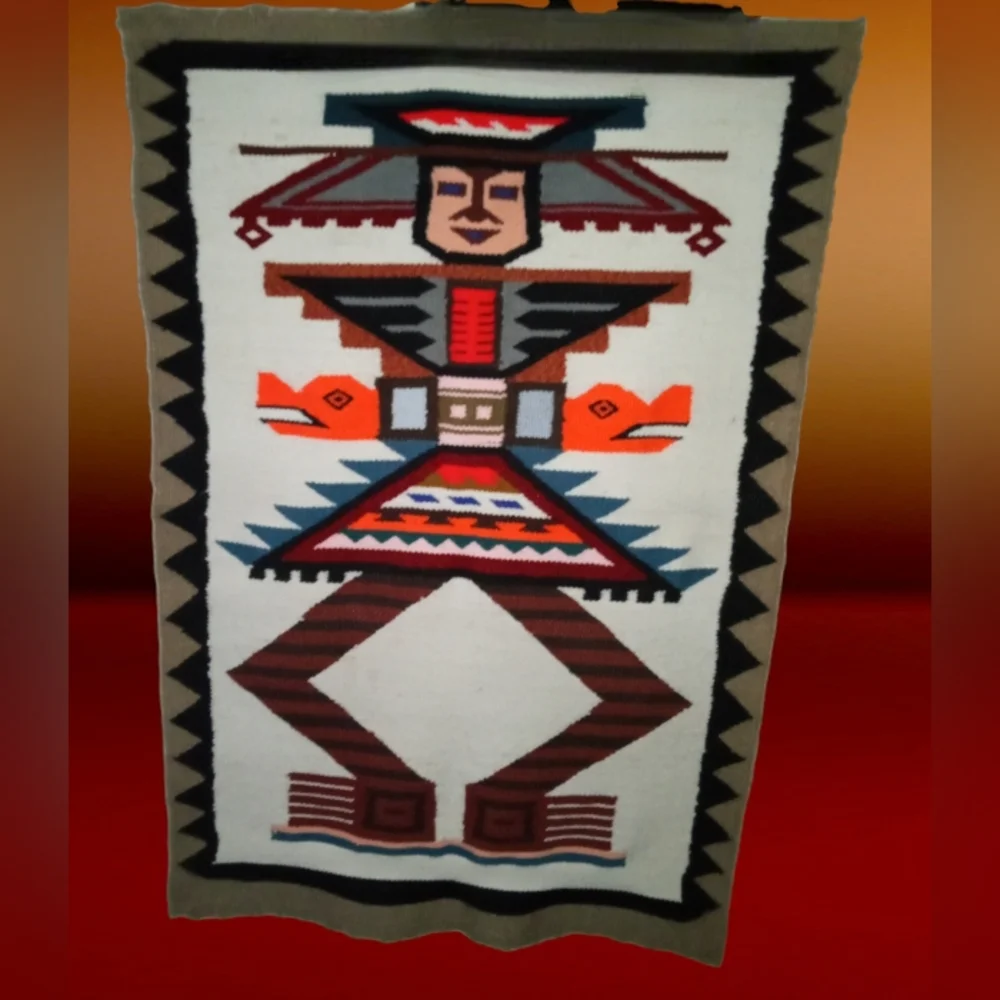 Vintage Hand Woven Wool Tapestry 25” x 37” | Ecuadorian Dance Warrior Rug